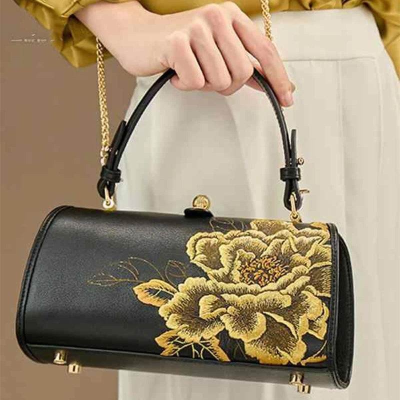 Embroidery Leather Kiss Lock Bag Royal Gold Peony Luxury Handbag - Image 4