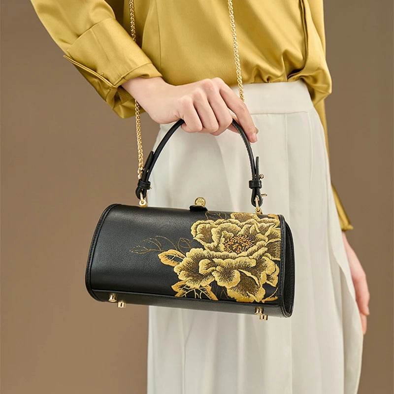 Embroidery Leather Kiss Lock Bag Royal Gold Peony Luxury Handbag - Image 2