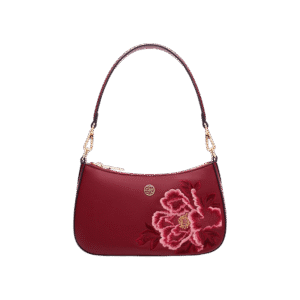Embroidery Leather Red Shoulder Bag Peony Women's Hobo Handbag