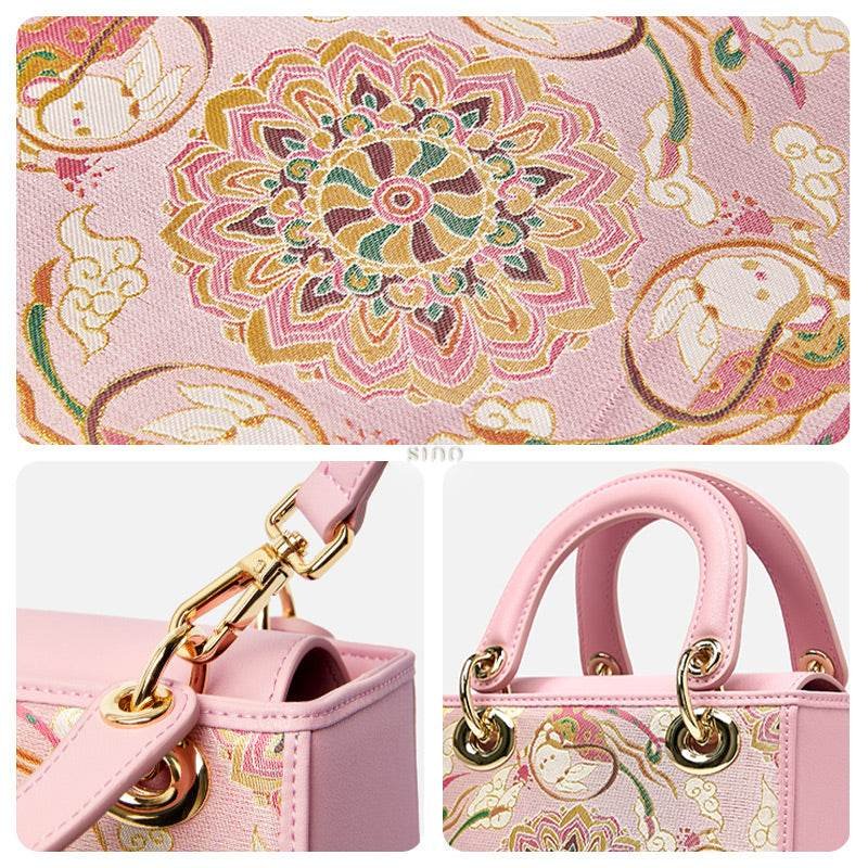 Song Brocade Powder Pink Crossbody Handbag Lotus & Lucky Rabbit Pattern - Image 6