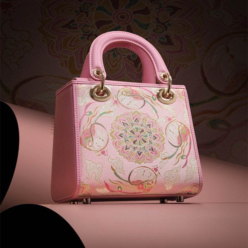 Song Brocade Powder Pink Crossbody Handbag Lotus & Lucky Rabbit Pattern - Image 5