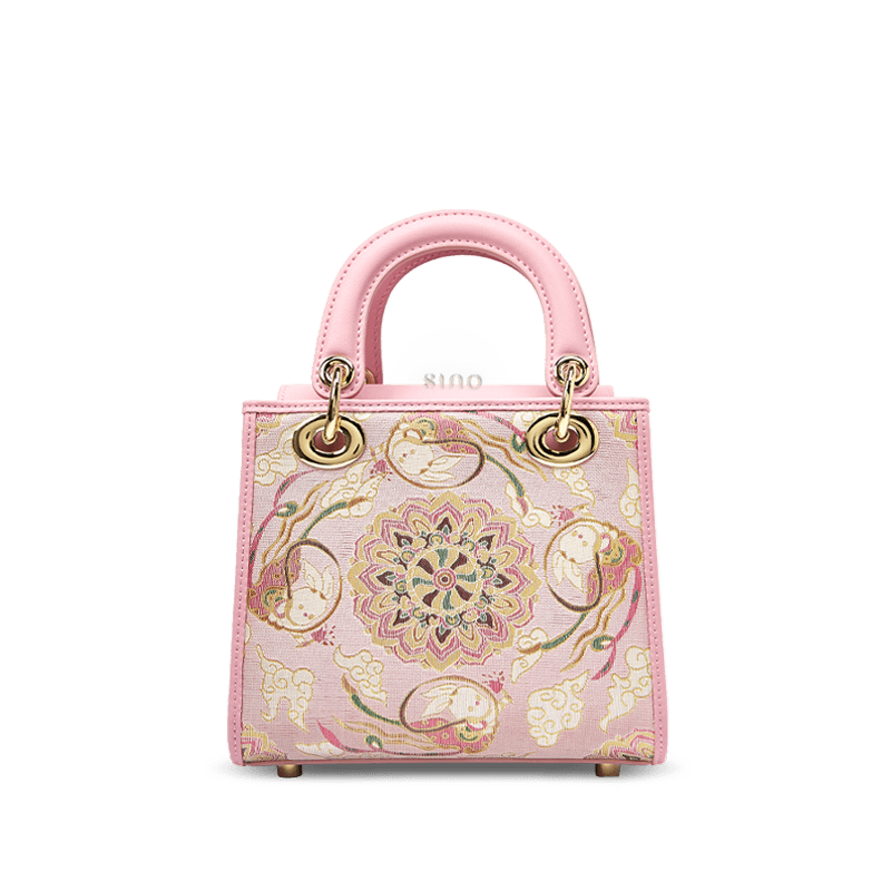Song Brocade Powder Pink Crossbody Handbag Lotus & Lucky Rabbit Pattern