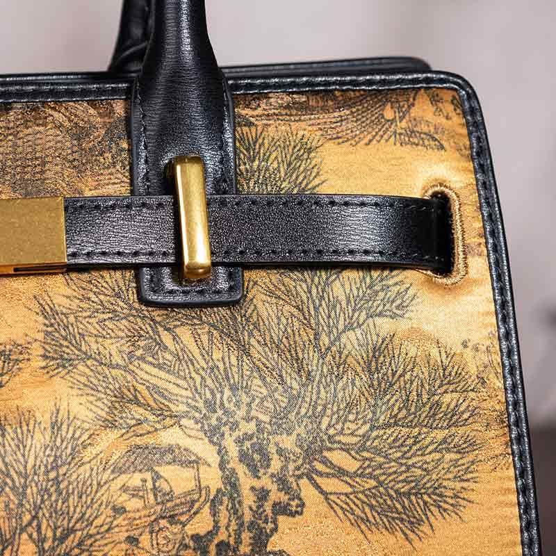 Handmade Xiangyunsha Silk Black Leather Kelly Bag Chinese Painting - Image 11