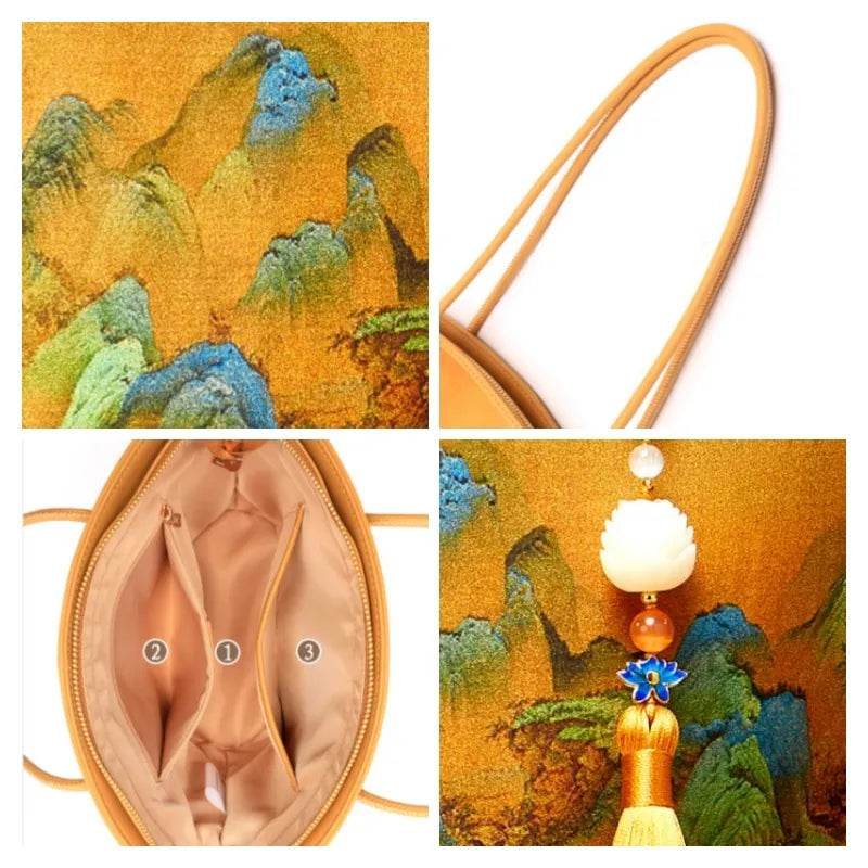 Chinese Painting Mulberry Silk Tote Bag Green Women Handbag - Image 5