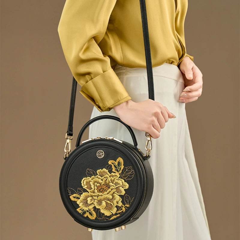 Embroidery Leather Round Handbag High Luxury Royal Gold Peony - Image 2
