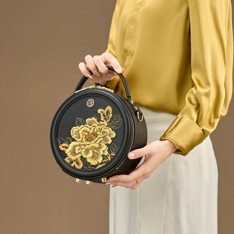 Embroidery Leather Round Handbag High Luxury Royal Gold Peony - Image 3