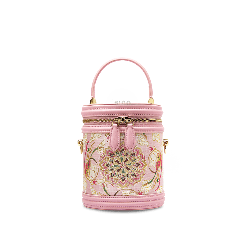 Song Brocade Powder Pink Bucket Bag Lotus & Lucky Rabbit Pattern