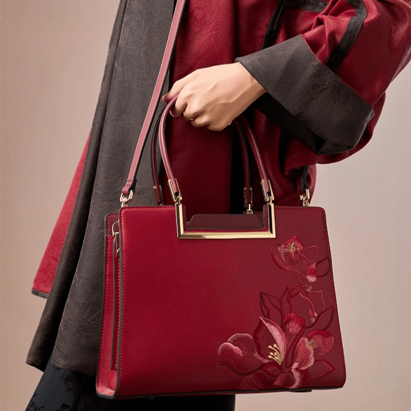 Sinocultural Embroidery Leather Red Tote Bag Magnolia Women's Handbag - Image 6