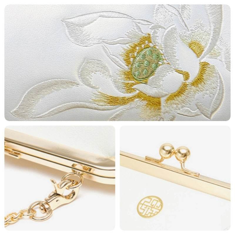 Embroidery Leather Kiss Lock Clutch Bag Lotus Evening Handbag - Image 18