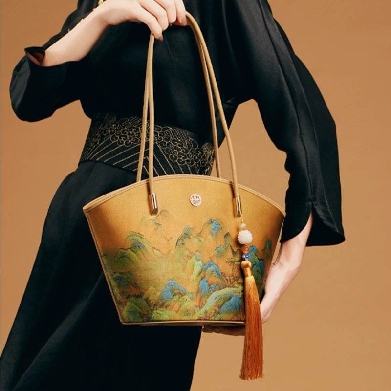 Chinese Painting Mulberry Silk Tote Bag Green Women Handbag - Image 2
