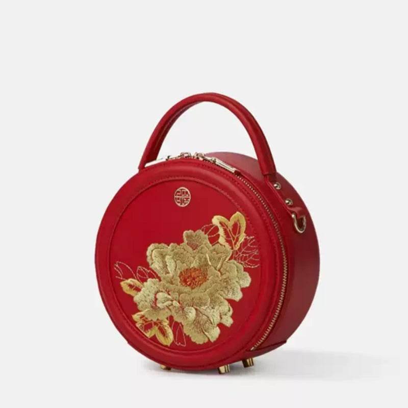 Embroidery Leather Round Handbag High Luxury Royal Gold Peony - Image 8